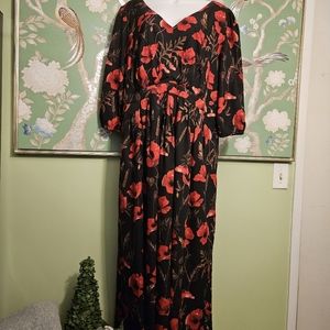 eShakti Floral Print Maxi Dress V Neck and Back Sz 1X